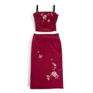 Mandalay Vintage Y2K Floral Embroidered Satin Corset Skirt 2 Piece Set Red 2/4